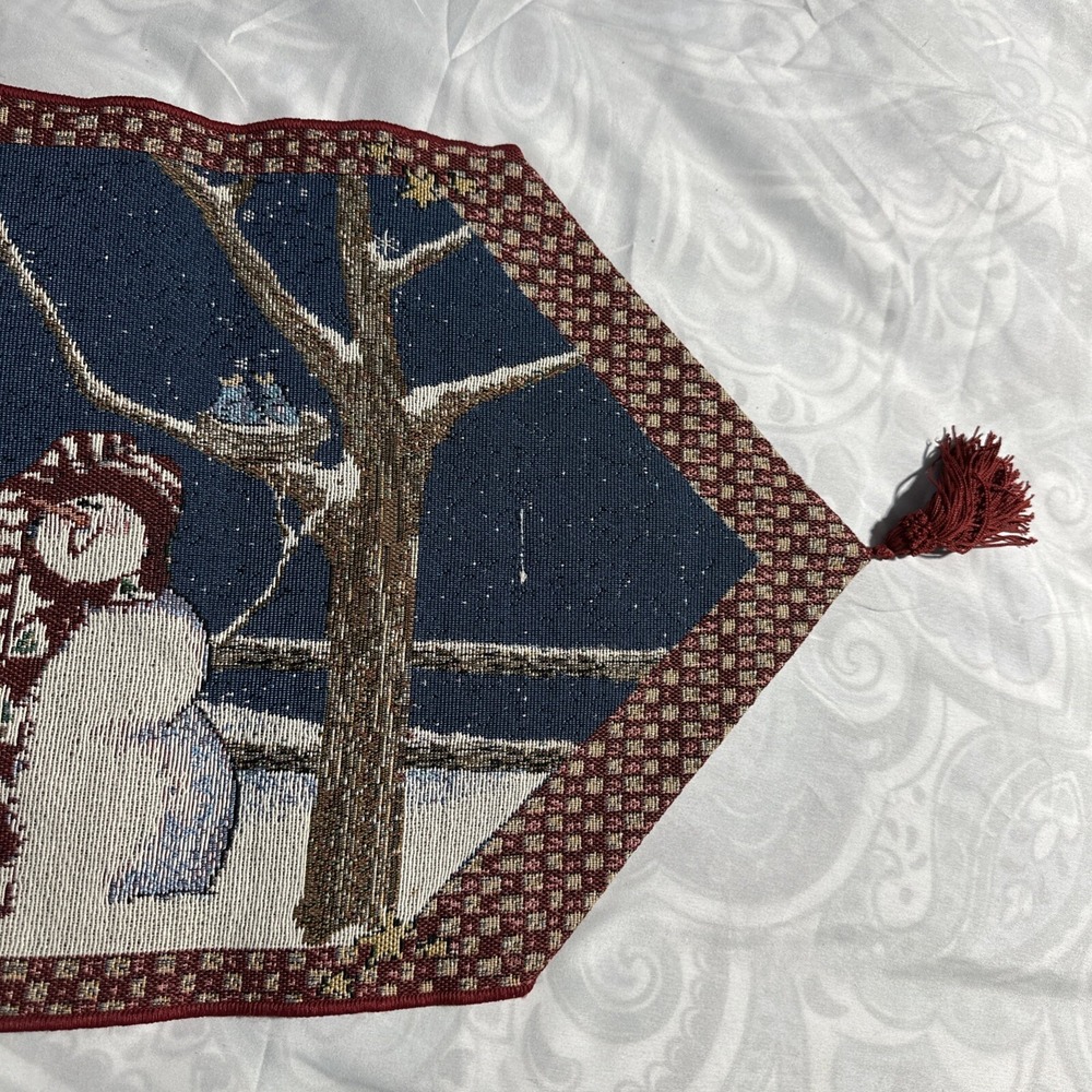 Tapestry 13" x 72" Snowman Cat Sheep Cardinal Tasseled Table Runner Made USA - Picture 8 of 9